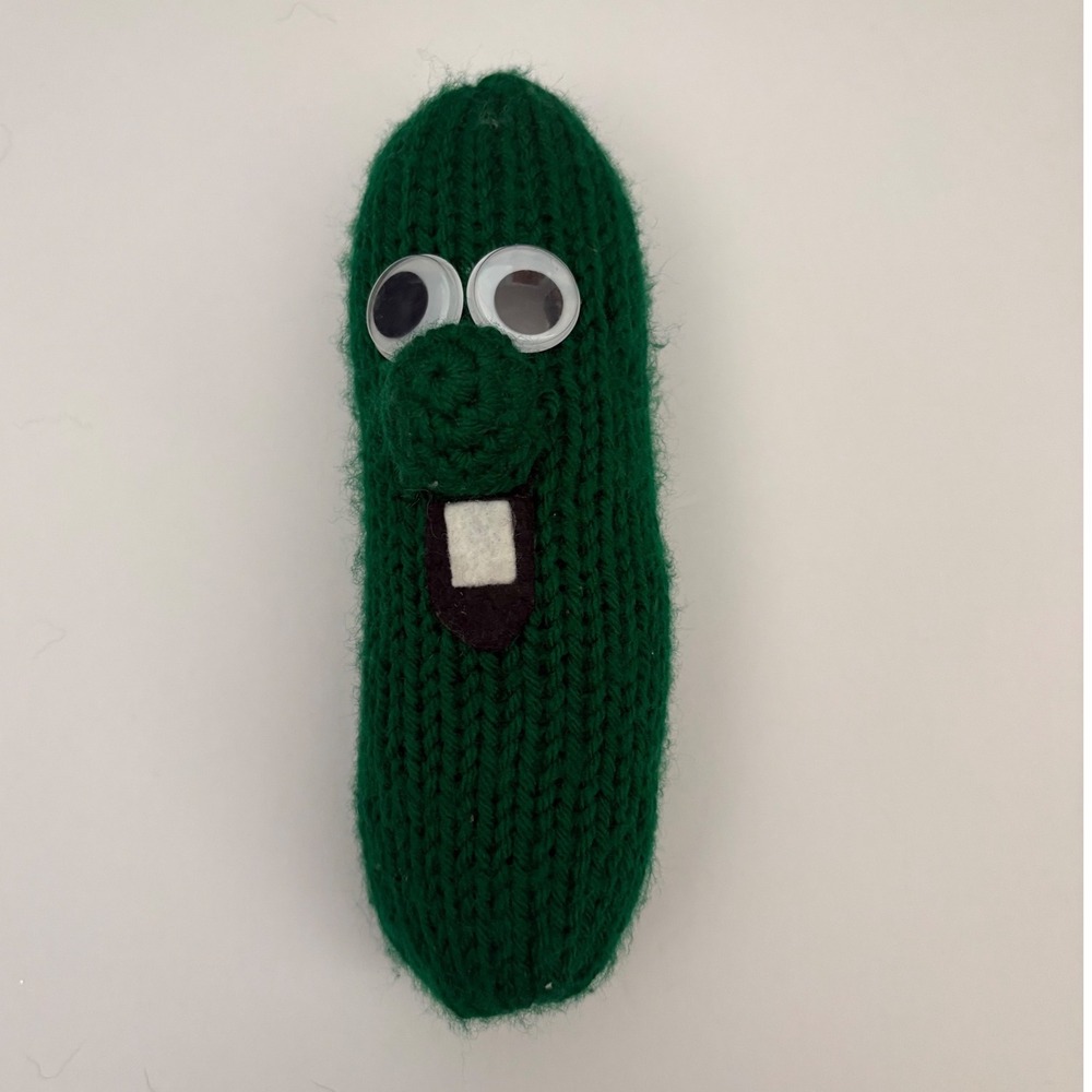 Handmade Knitted Green Pickle Plush Googly Eyes Toothy Grin Soft Toy